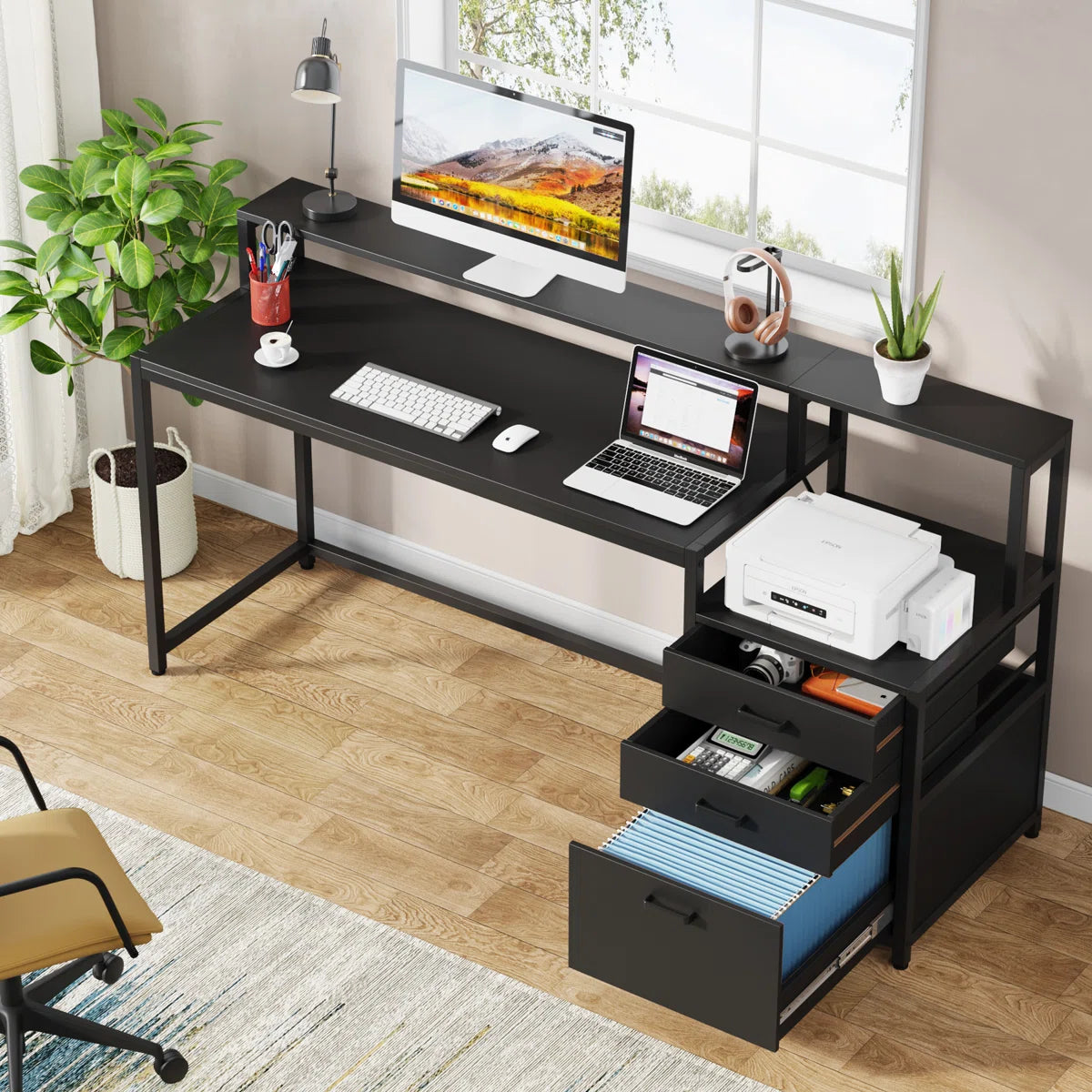 Furnishiaa Solid Sheesham Wood Computer Desk with Drawers and Hutch